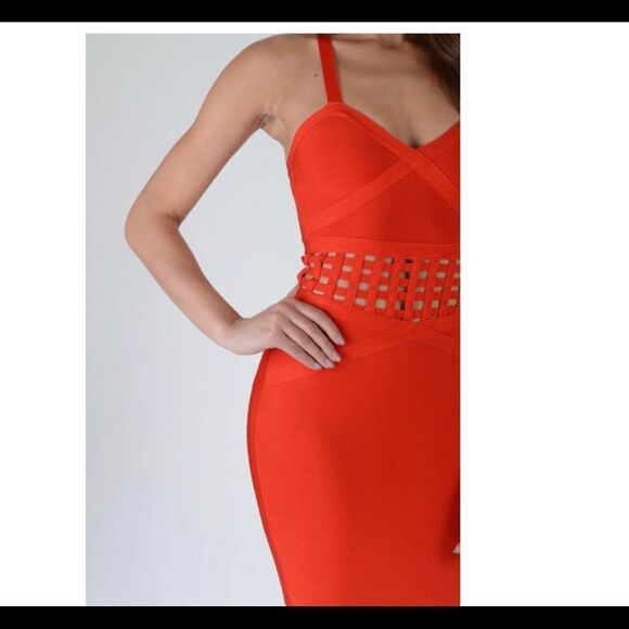 BEBE Red Bandage Bodycon Dress With Caged Waist Detail Sz M - Picture 2 of 12